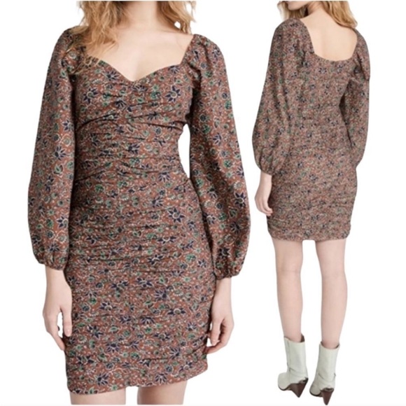 Veronica Beard Ruched Floral Mini Nadi Dress SIZE 2 Cotton Cinnamon Multi NWT - Picture 4 of 10